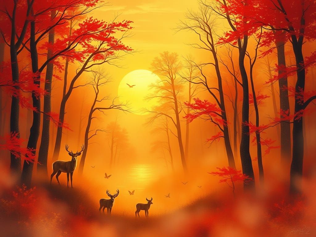 Magical Forest at Sunset with Woodland Animals