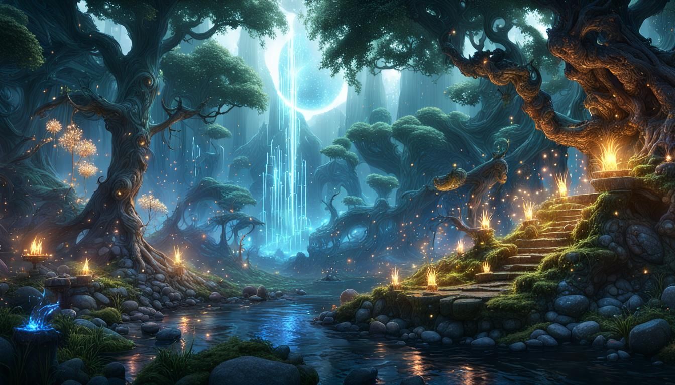Enchanted Forest with Sprites, Dark Fantasy Art
