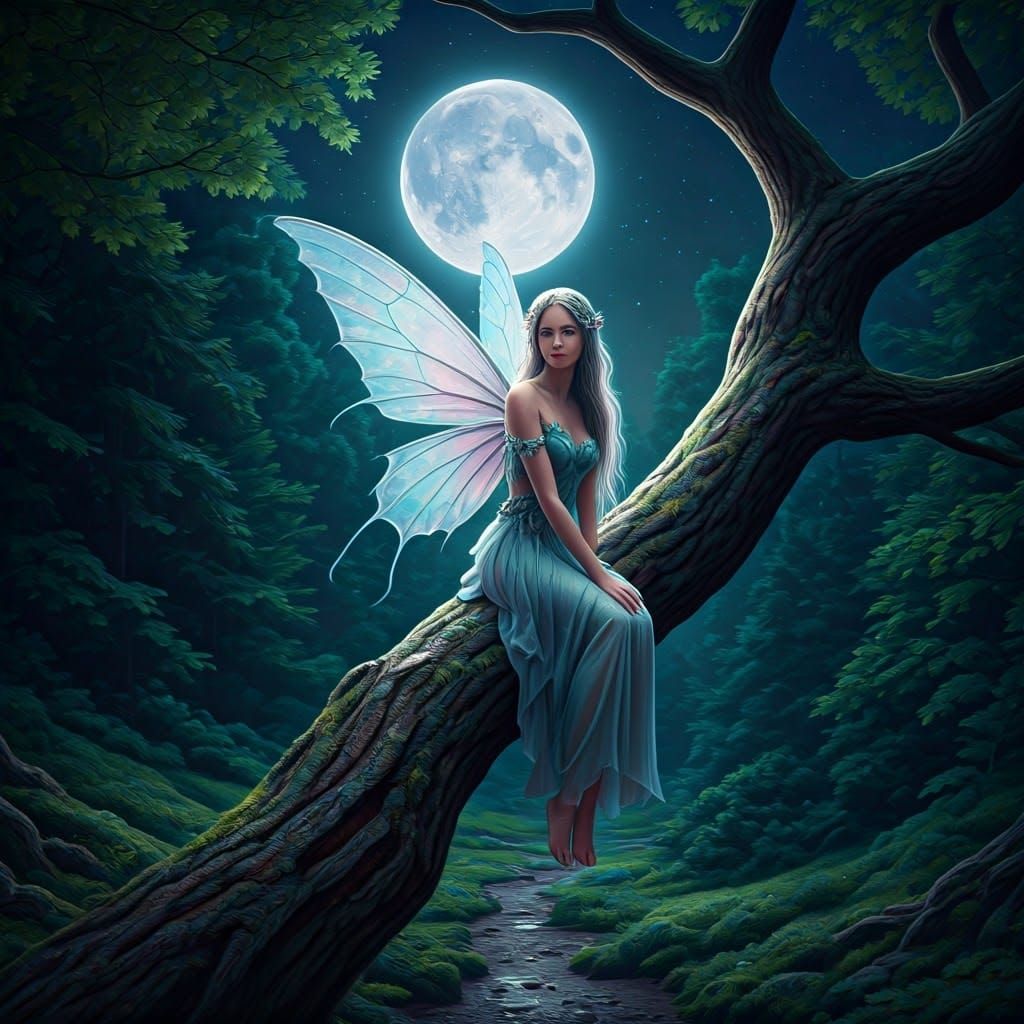 Iridescent Fairy on Moonlit Branch in Photorealistic Style