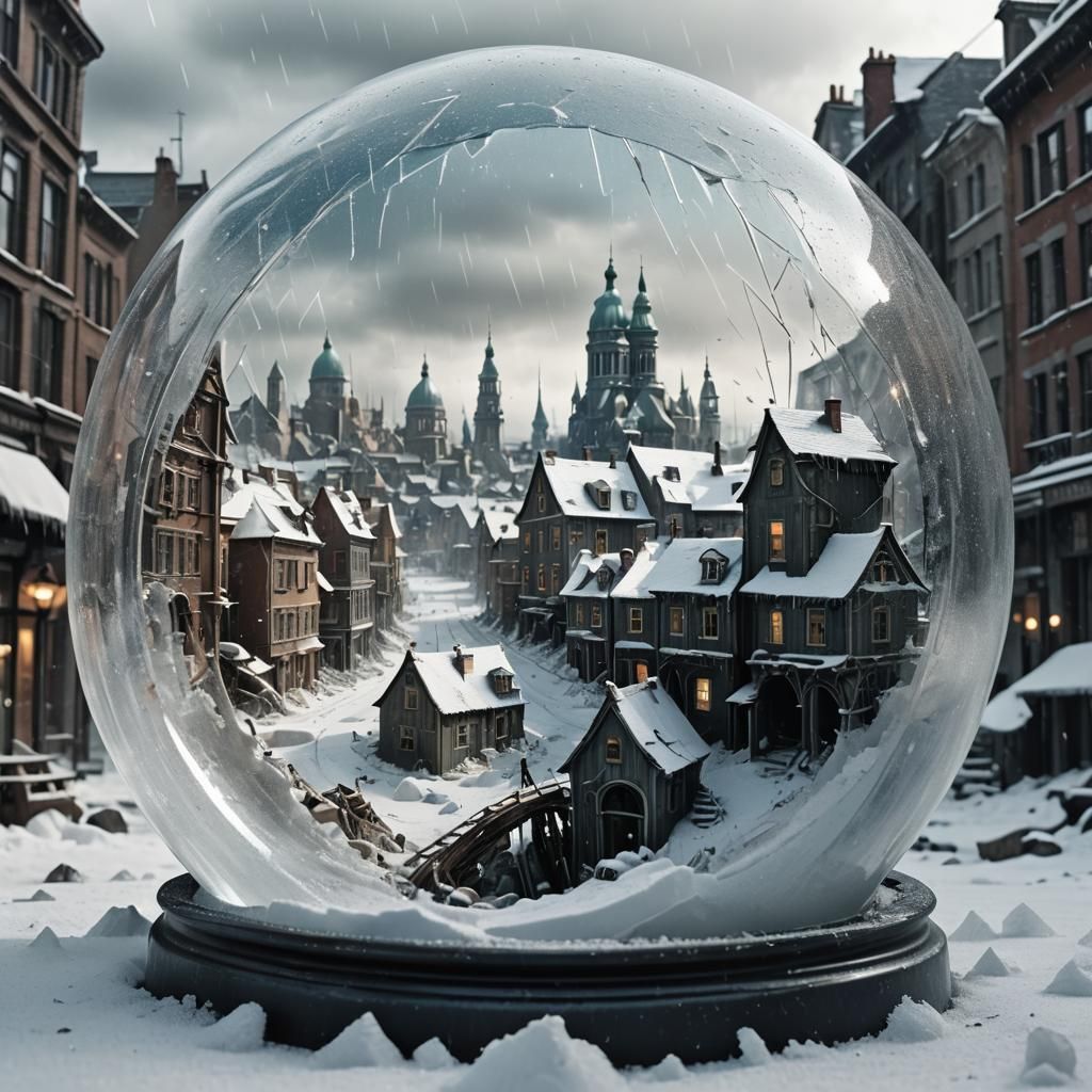 Darkened Cityscape Shattered Snowglobe