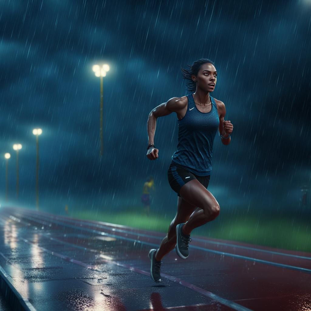 Girl Runs on Track in Rainy Night: Matte Painting