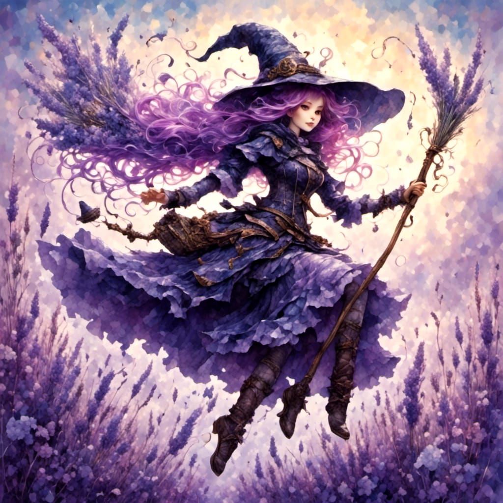Lavender Haired Witch Rides Broomstick with Fractal Elements