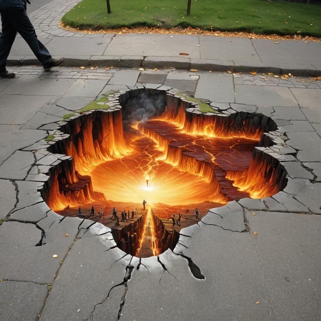 Volcanic Crack Sidewalk Chalk Art Illusion