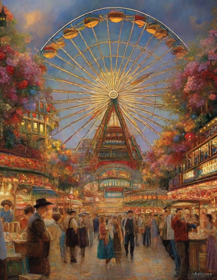 Colorful Flower Market with Ferris Wheel, Klimt Style