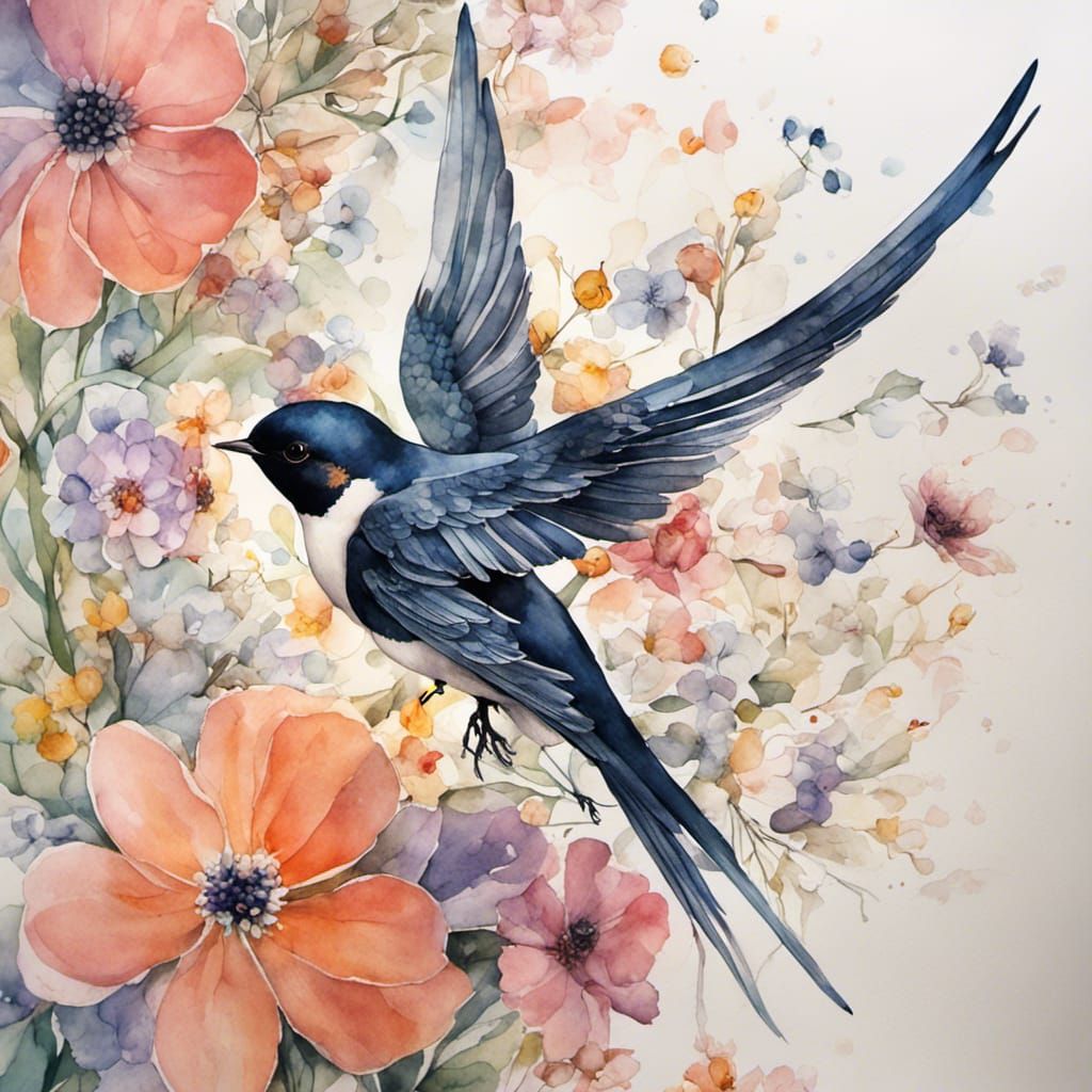 Swallow in Flight Amongst Spring Flowers Watercolor