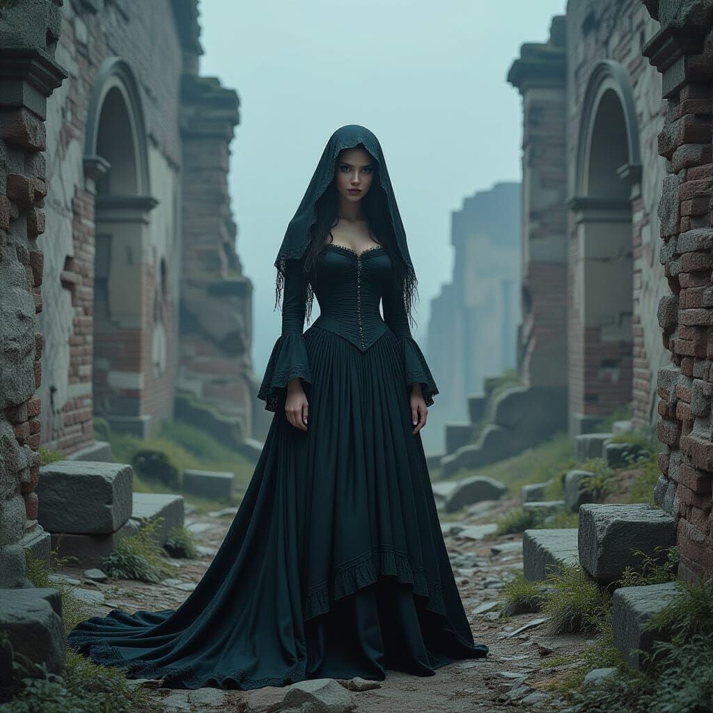 Melancholic Woman Amidst Ruins in Haunting Style