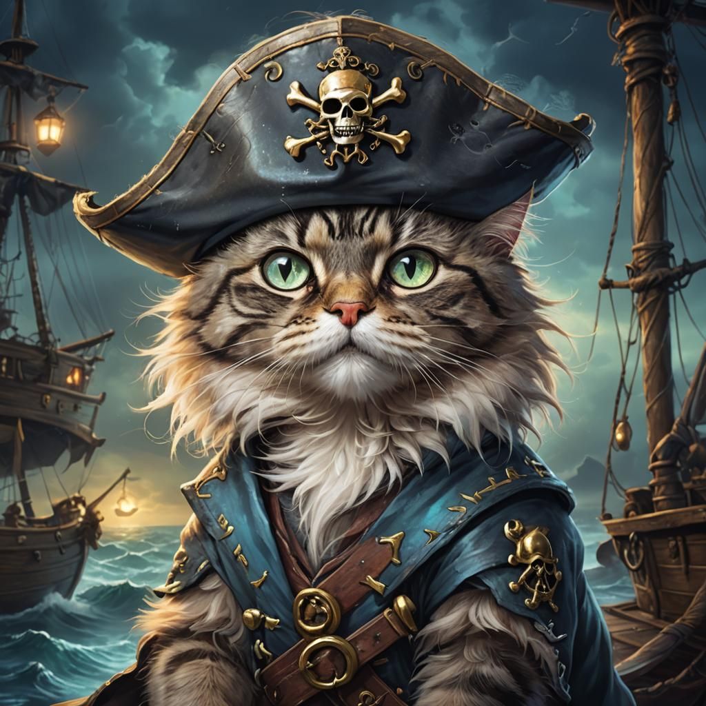 Bioluminescent Pirate Cat: Captain Whiskerpaws on Stormy Sea...
