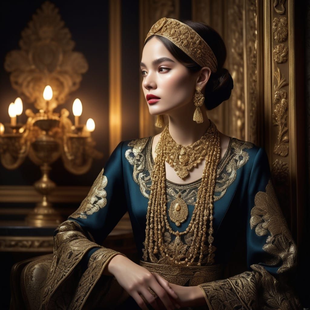 Elegant Woman in Ornate Gold Attire, Art Deco Style