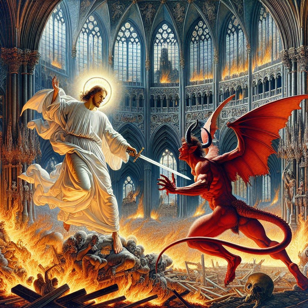 Biblical Battle in Burning Cathedral: Golden Age Illustratio...