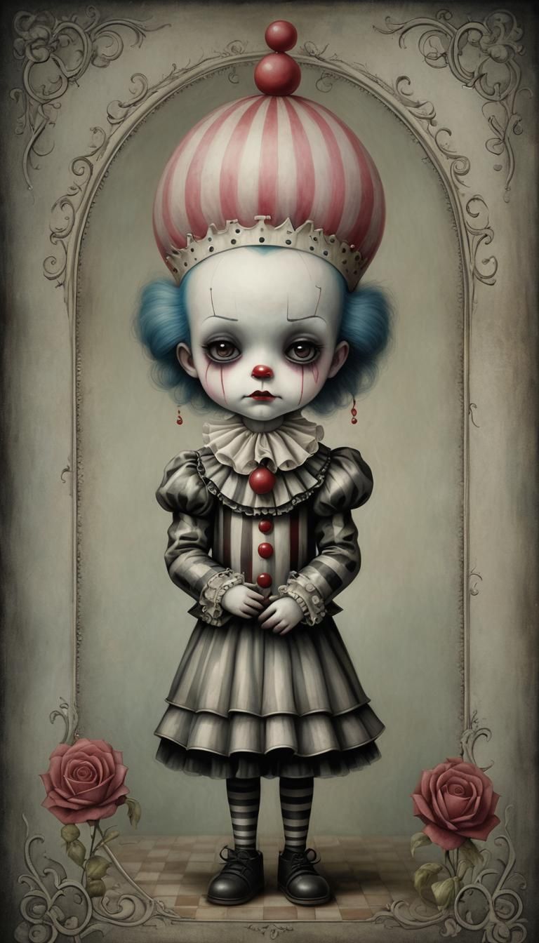 "a sad gothic clown in the style of nicoletta ceccoli and ma...