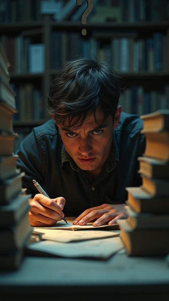Frustrated Student in Dimly Lit Office: Cinematic Portrait