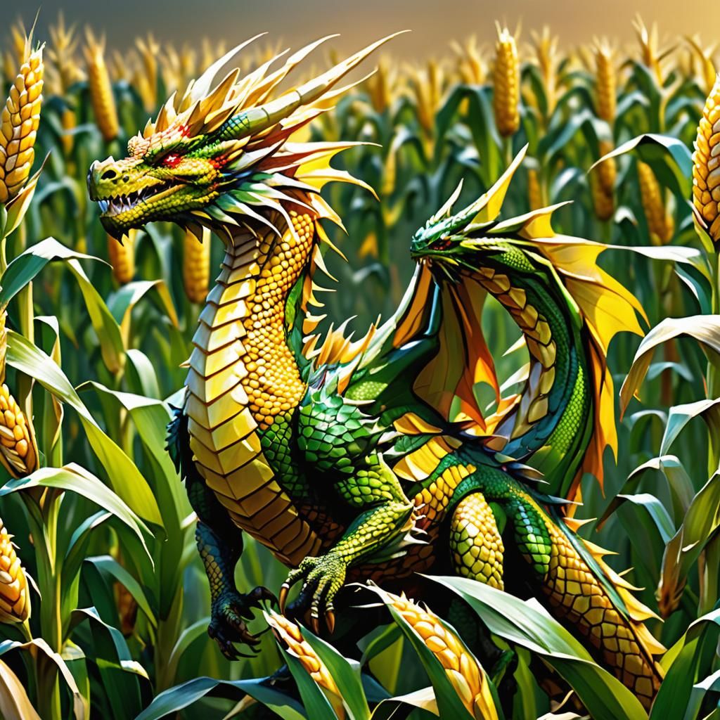 Corn-Dragon Hybrid in Vibrant 3D Digital Art