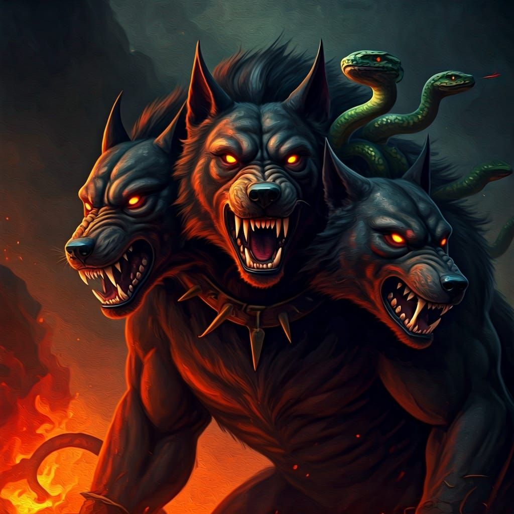 Fearsome Cerberus in Expressionist Oil Painting