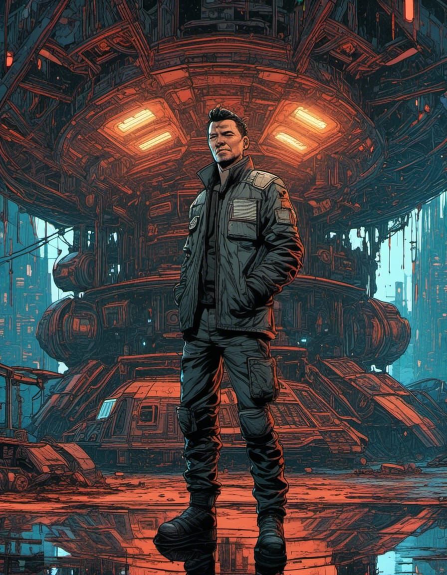 Retrofuturistic Mechanic Proudly Poses With Spaceship