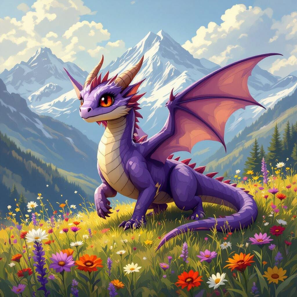 Fluffy Purple Wyvern Chasing Tail in Sunny Meadow