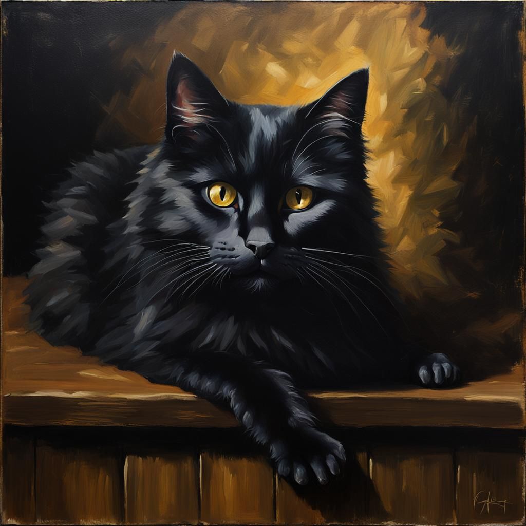 Black Cat Portrait in Renaissance Style Oil Painting
