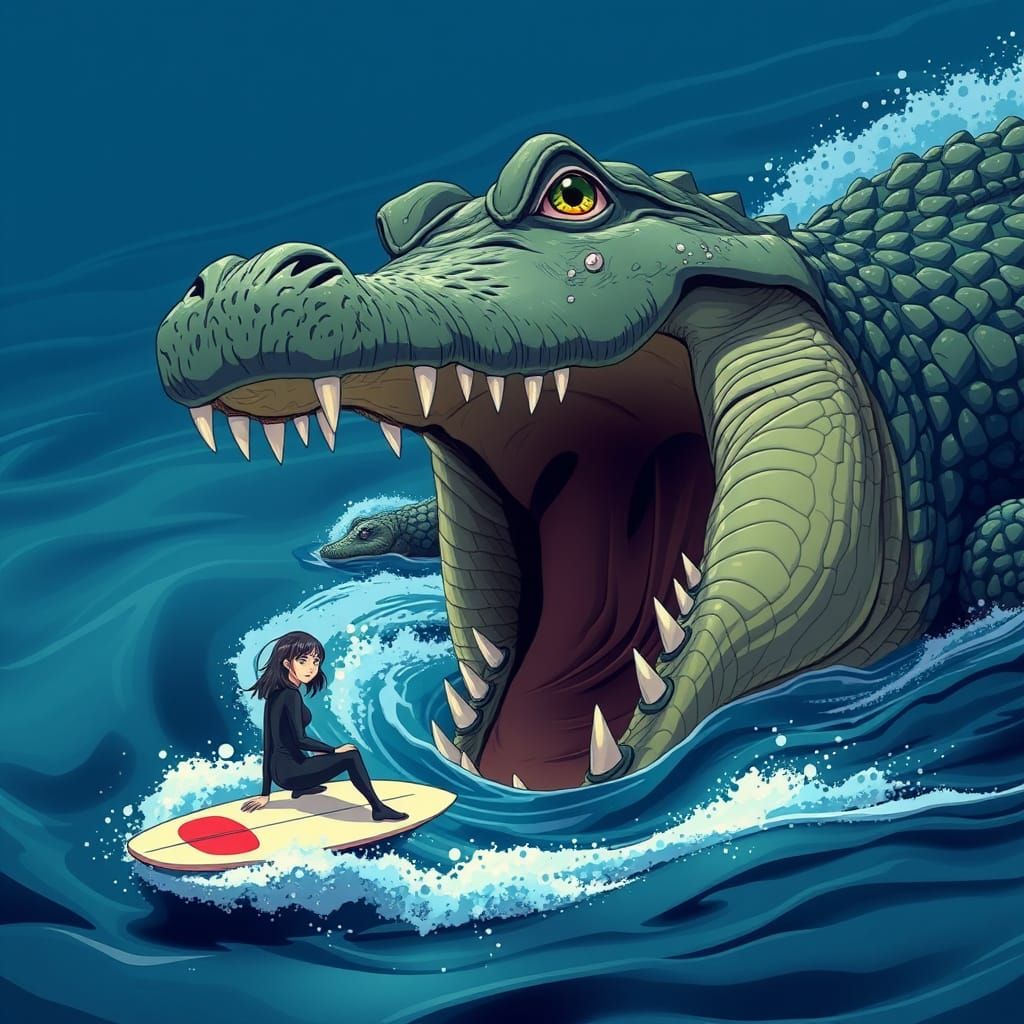 Giant Alligator Attacks Surfer: Cel-Shaded Anime Style