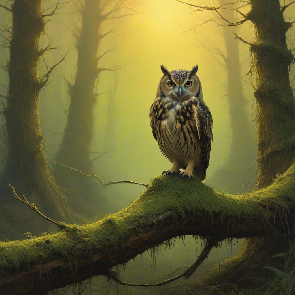 Dreamlike Golden Hour Scene with Ultra-Detailed Owl