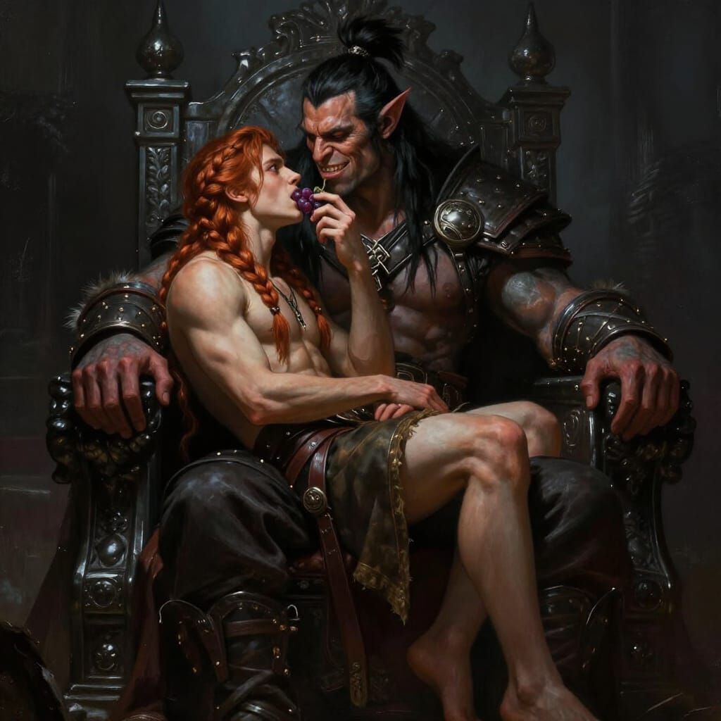 Orc Warlord Cuddles Man on Throne, Fantasy Art