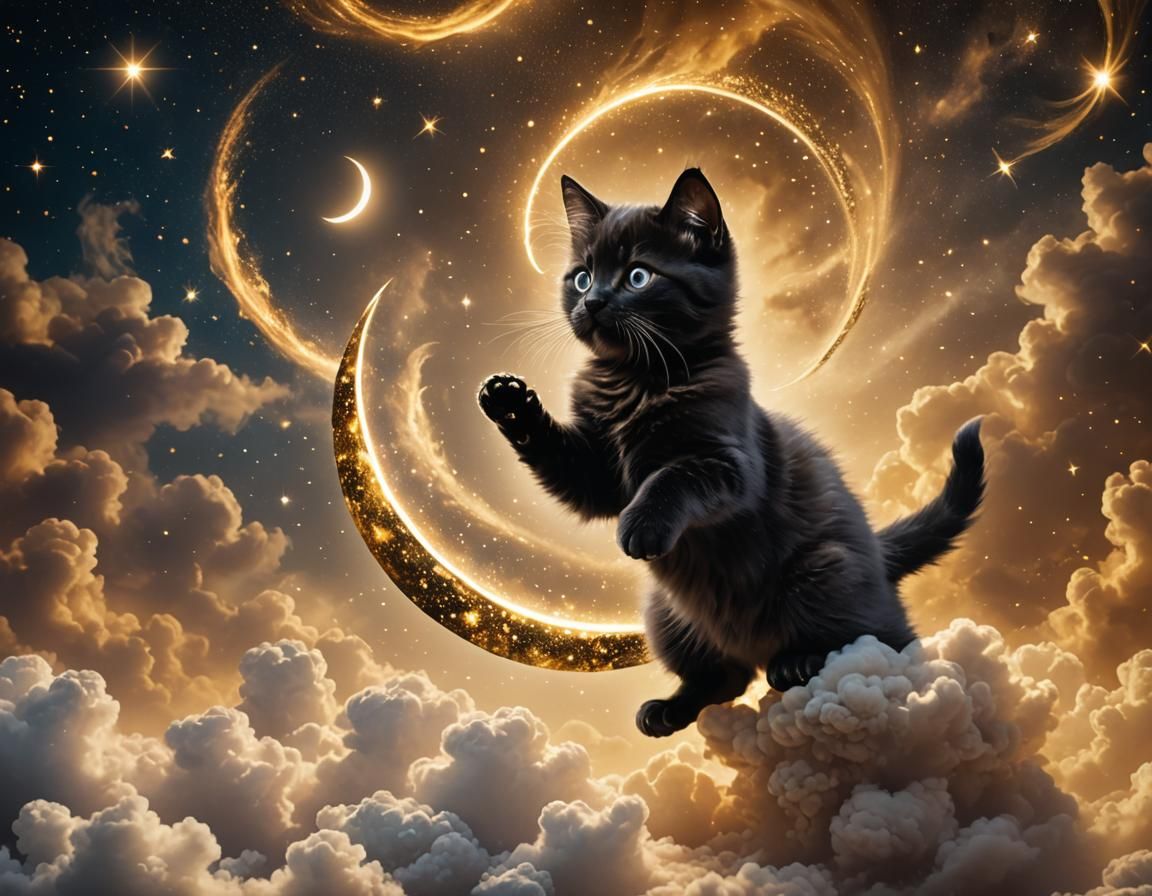 Celestial Kitten Among Golden Clouds in Space