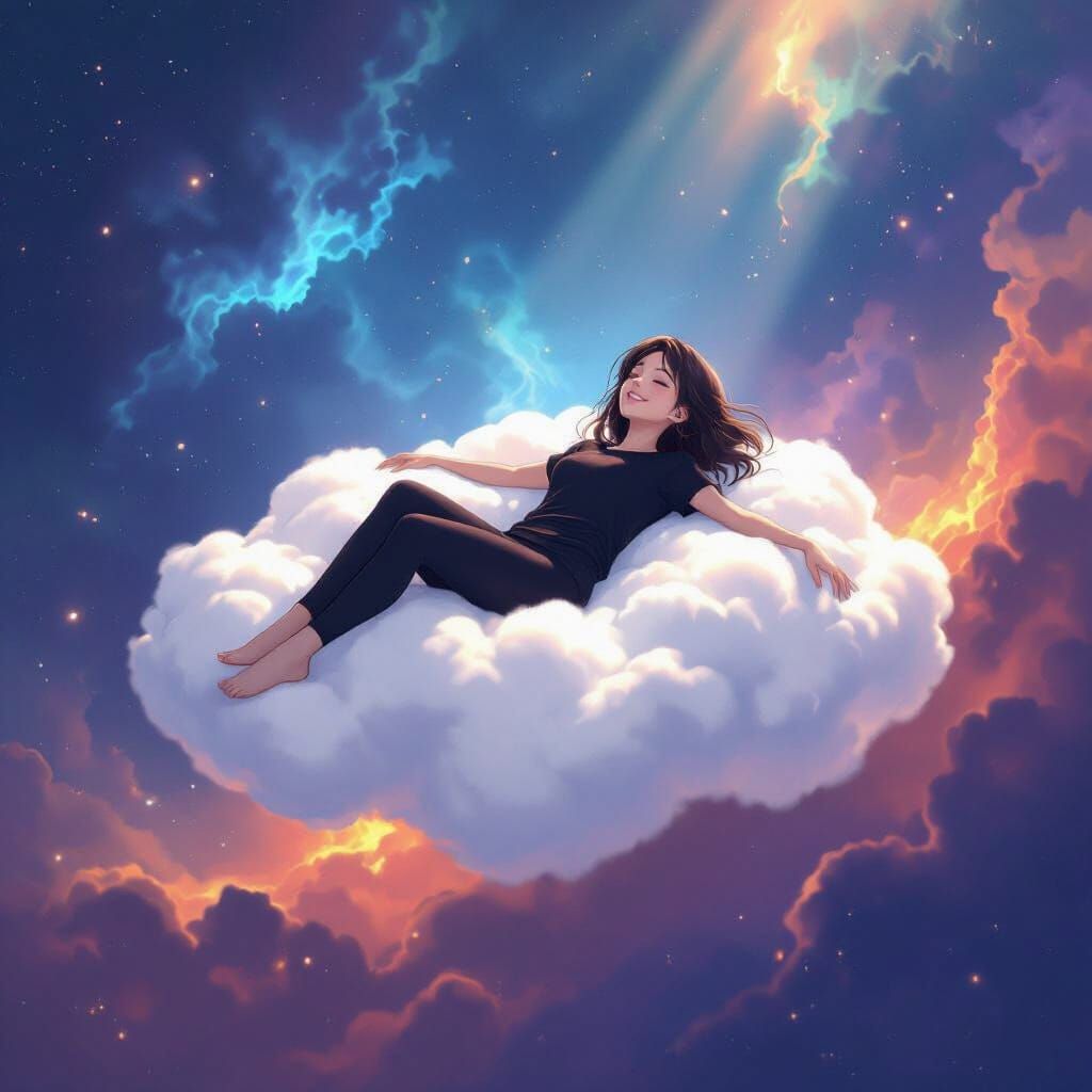 Woman Floating Serene on Cloud in Colorful Nebula