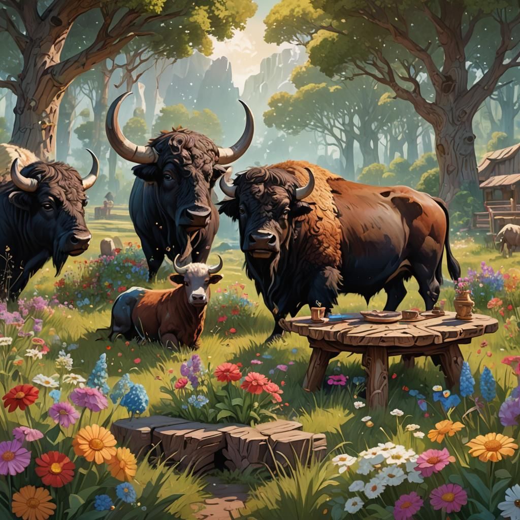 Whimsical Tea Party with Yak, Buffalo, Bison, and Cow