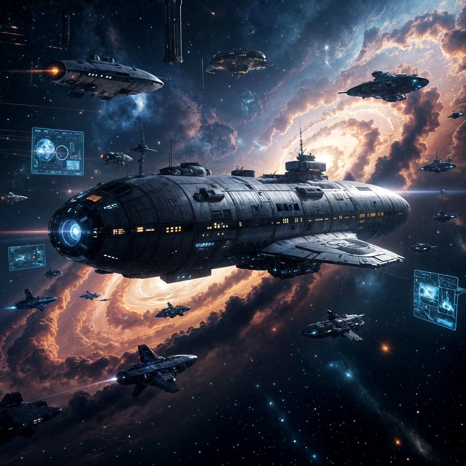 Chrome Space Station Orbiting Nebula in Digital Painting