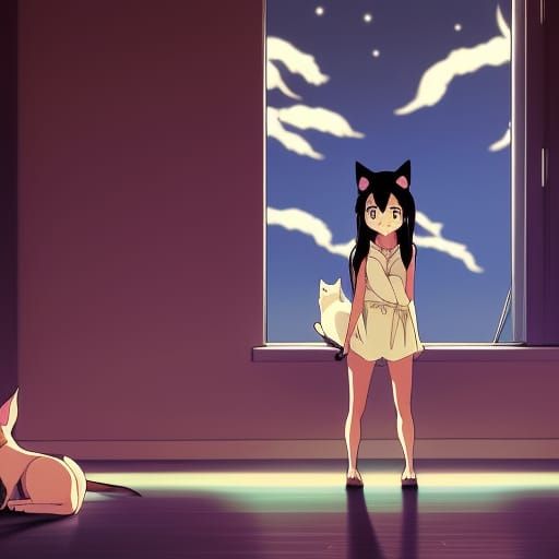 Anime Catgirl at Night in Ghibli Style