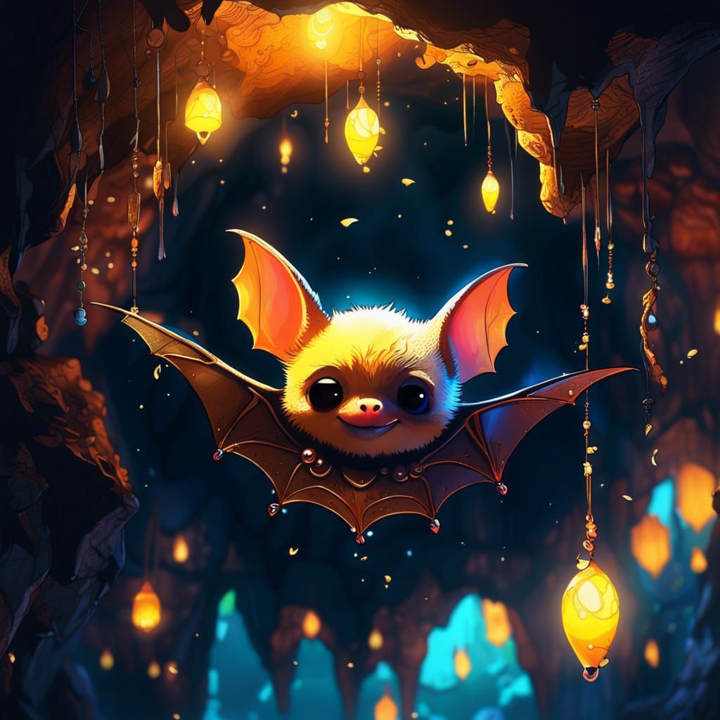 Adorable Bat in Magical Cave, Digital Art