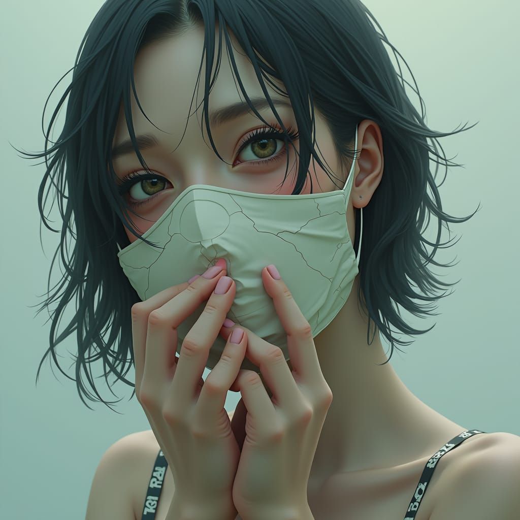 Anime Woman with Cracked Mask in Soft Mist Colors