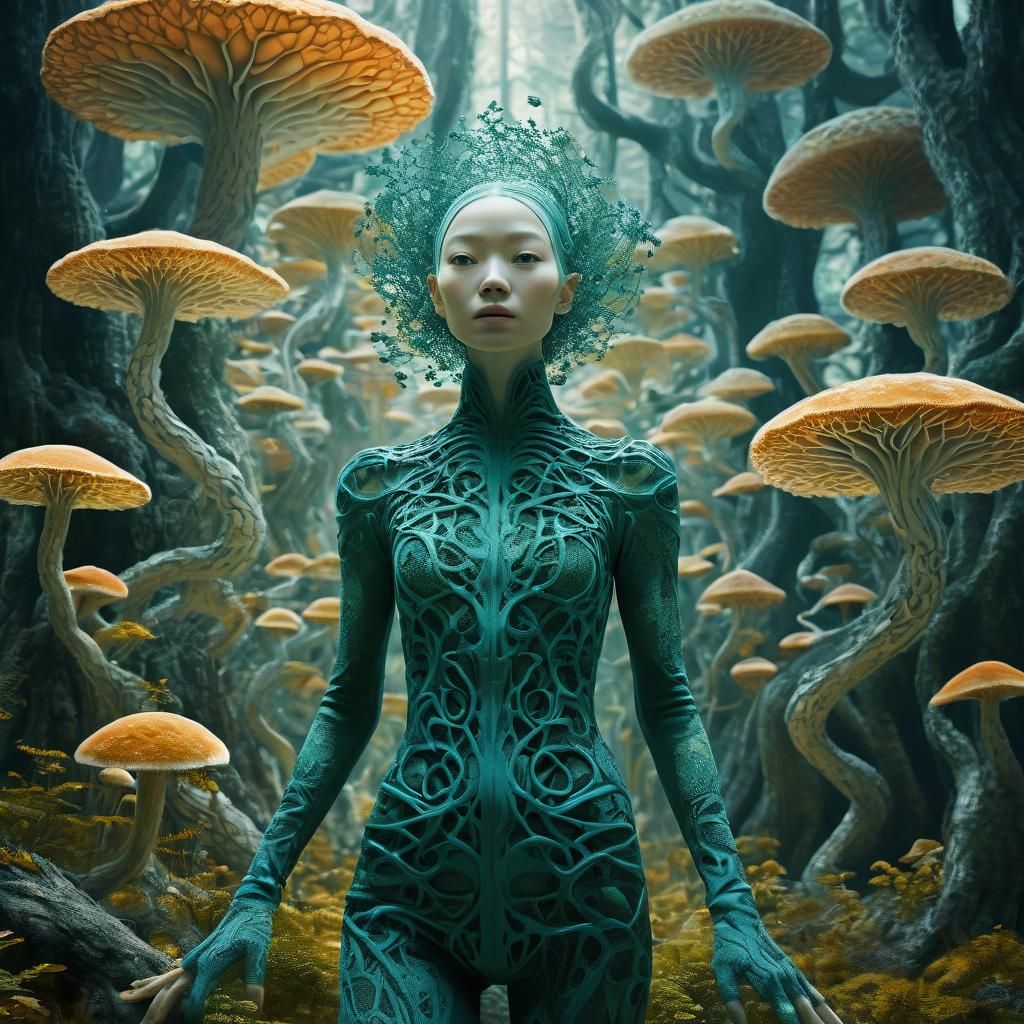 Lotus-Human Hybrid in Mycelium Network, Detailed Digital Art