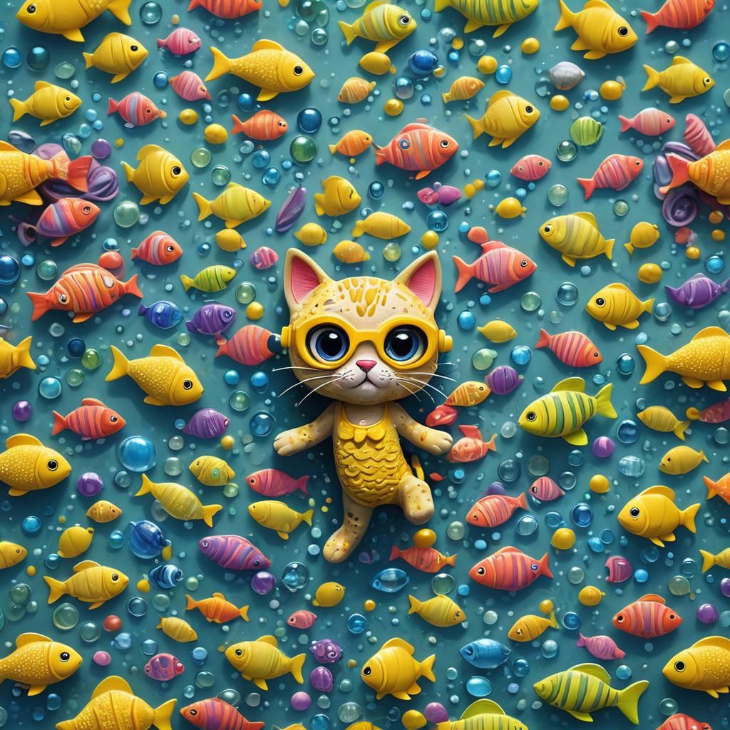 Plasticine Kitten Snorkeling in Ocean Aardman Style