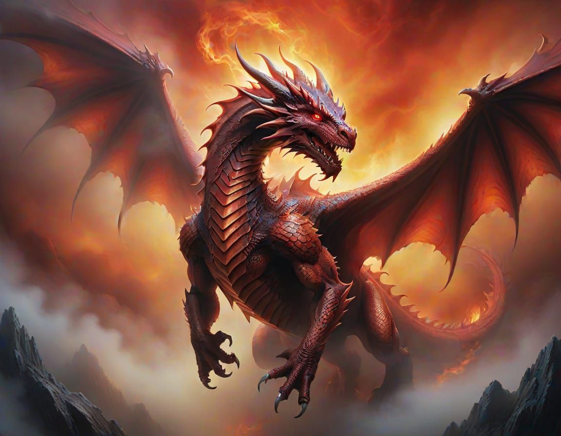 ethereal red dragon in mystical fog