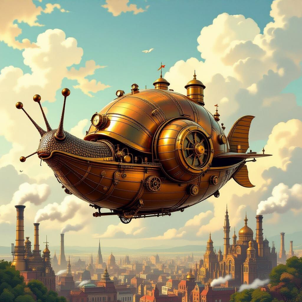 Steampunk Snail Airship Over Victorian City