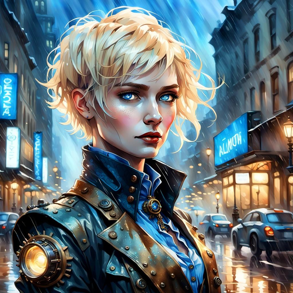 Steampunk Seductress in Rain-Soaked City, Watercolor