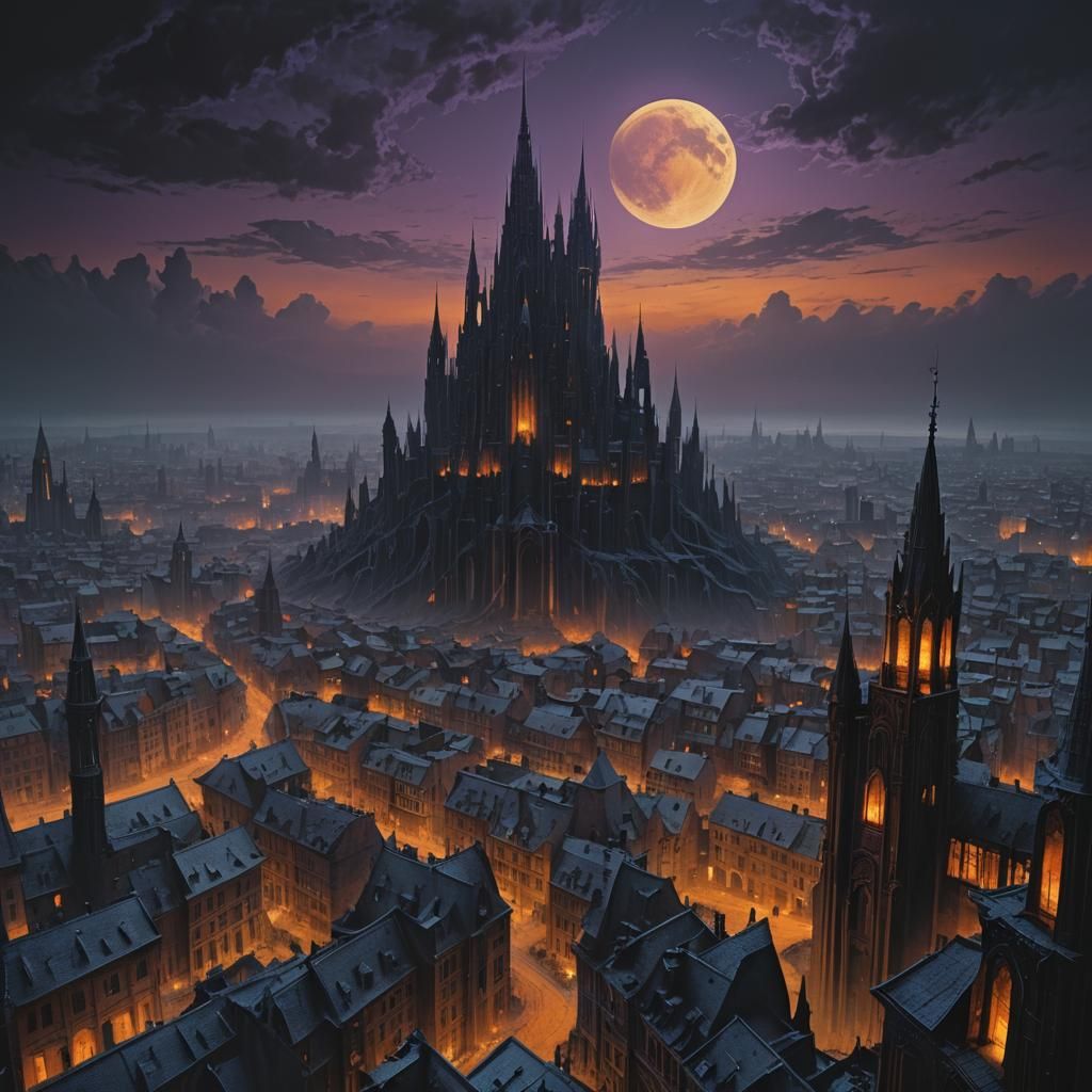 Gothic Netherworld Cityscape Under Black Moon: Dark Fantasy