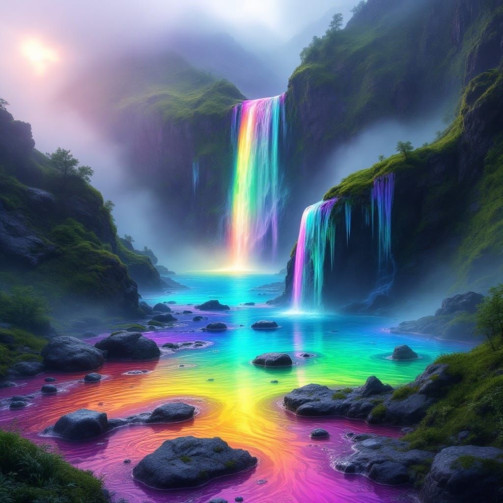 Rainbow Falls in Vibrant, Iridescent Hyperrealism