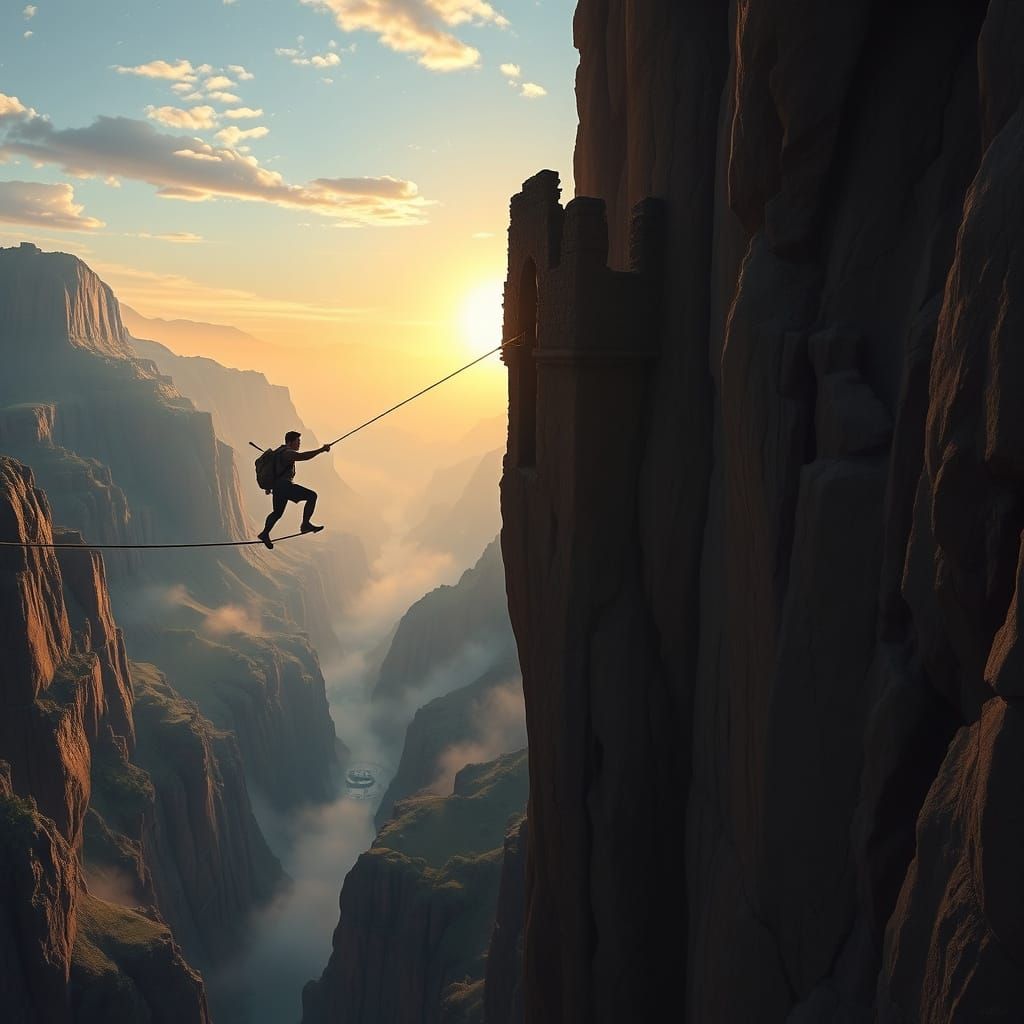 Adventurer on Rope Bridge Matte Painting
