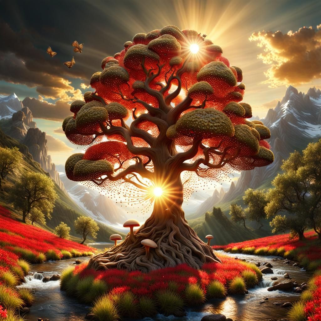World Tree Touching Sky with Beehive, Photorealistic Render