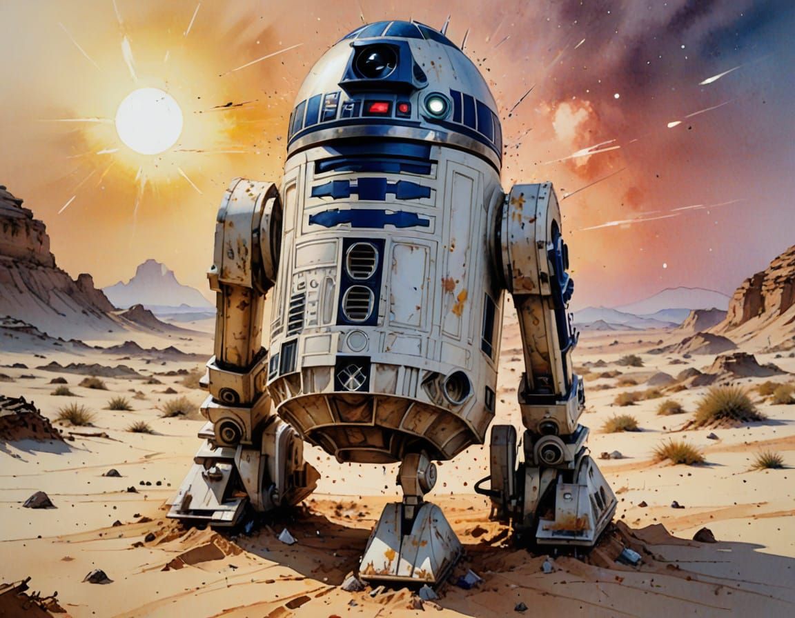 R2-D2 Amidst Tatooine's Golden Hour