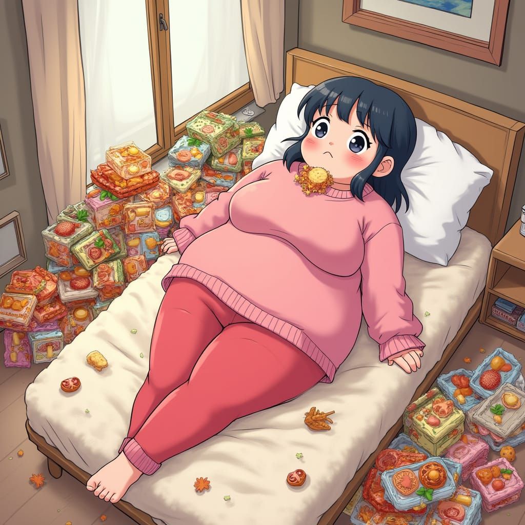 Cozy Foodie Anime Girl in a Plush Bedroom