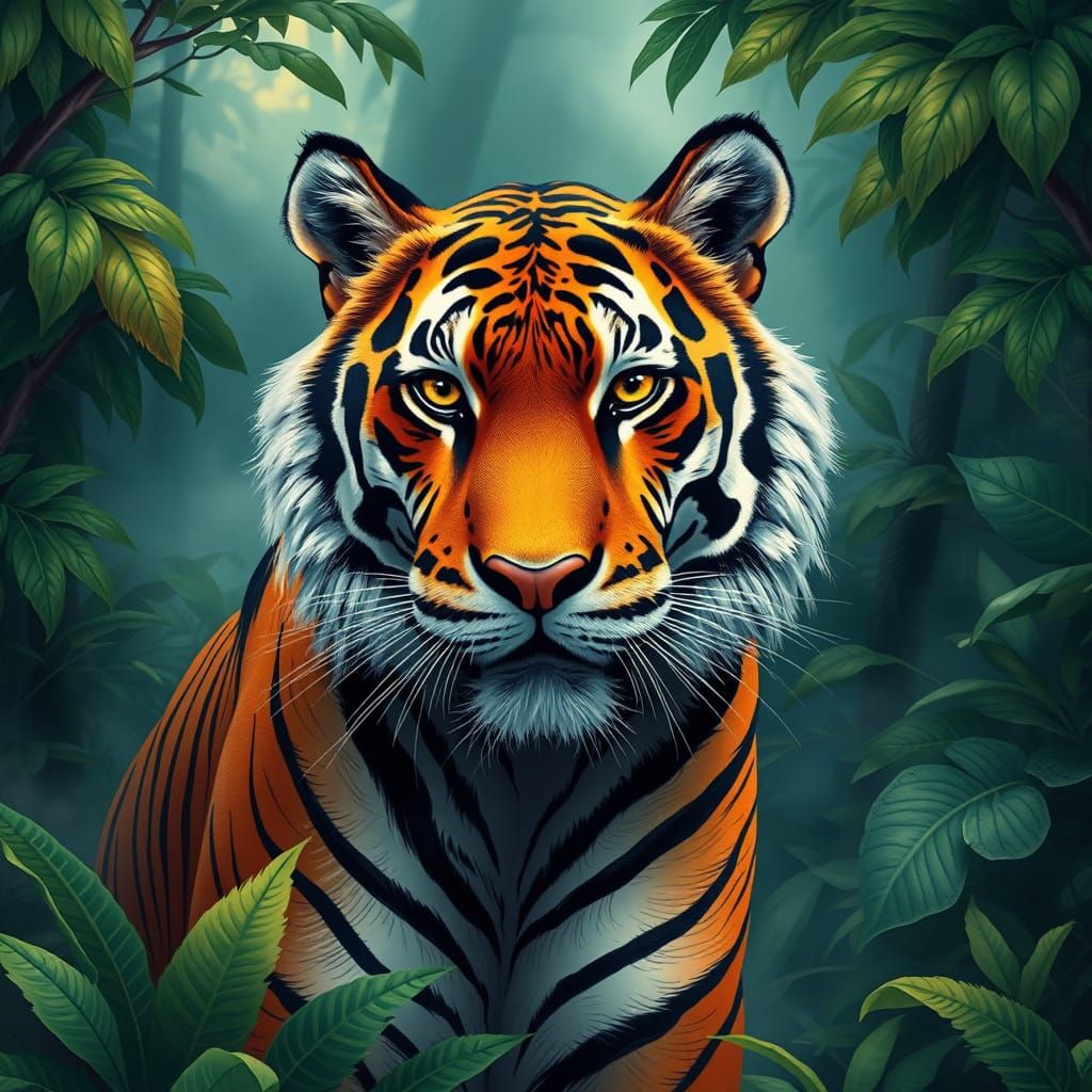 Mystical Tiger in Vibrant Jungle Landscape