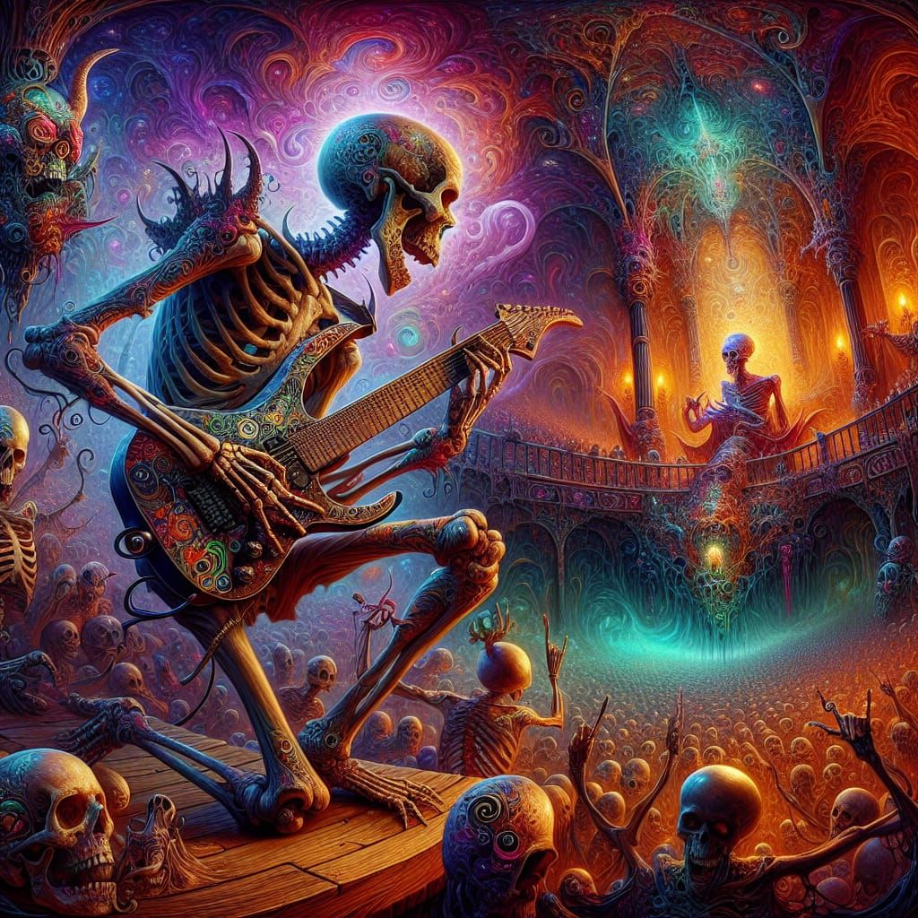Tattooed Skeleton Guitarist in Surreal Heavy Metal Concert