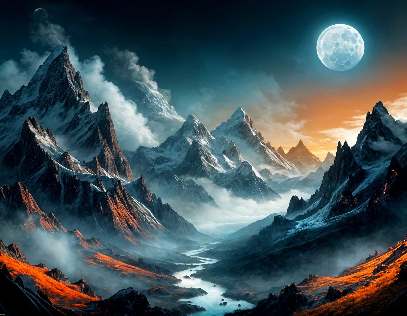 Moody Mountain Landscape with Moon, Watercolour Art