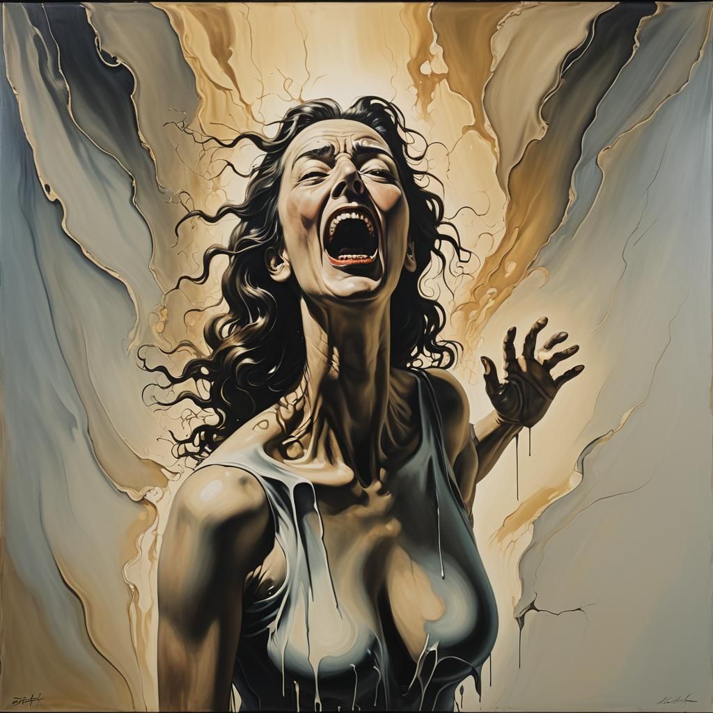 Surreal Screaming Woman in Dali-esque Oil Painting