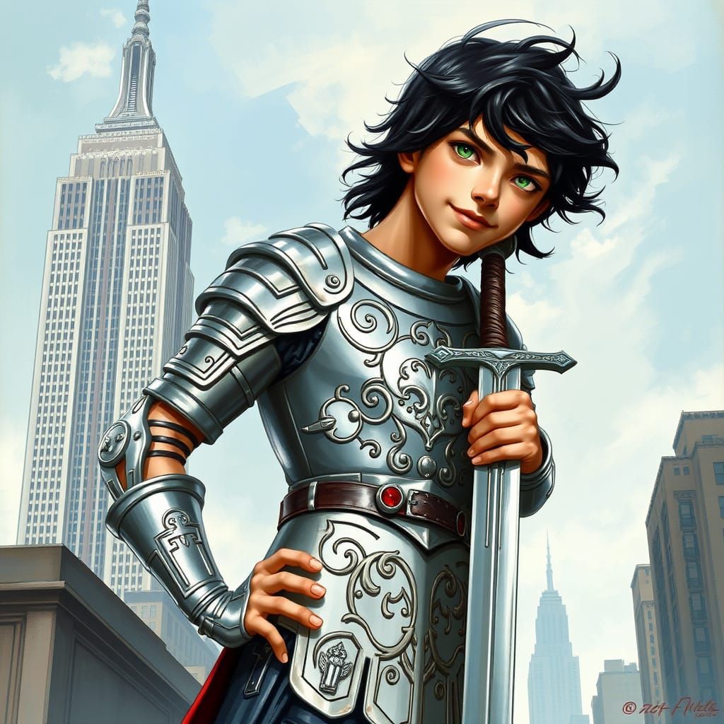 Percy Jackson in Greek Armor Leans on Sword at Empire State ...