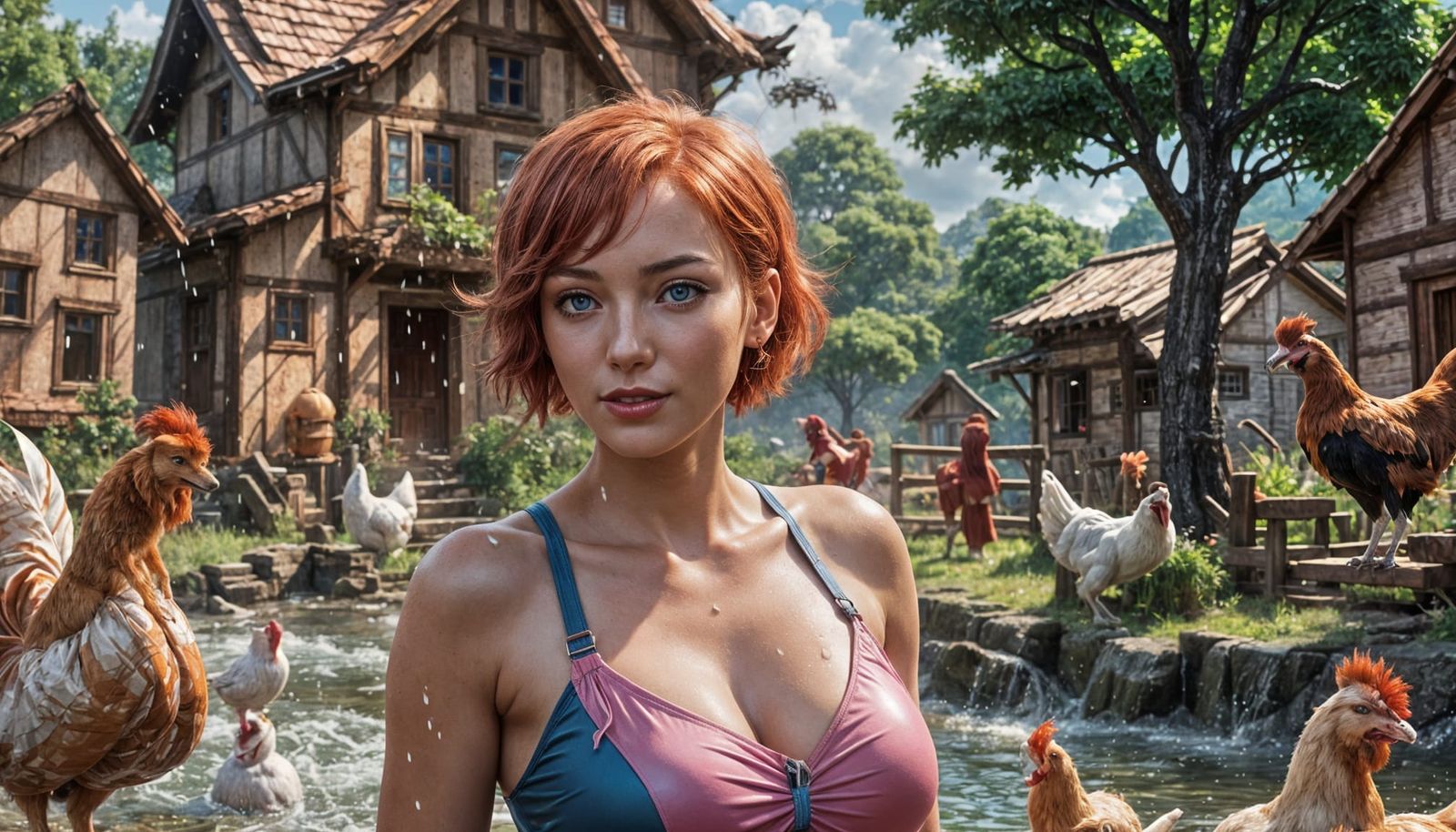 Anime-Style Woman in Stormy Village Fantasy Scene