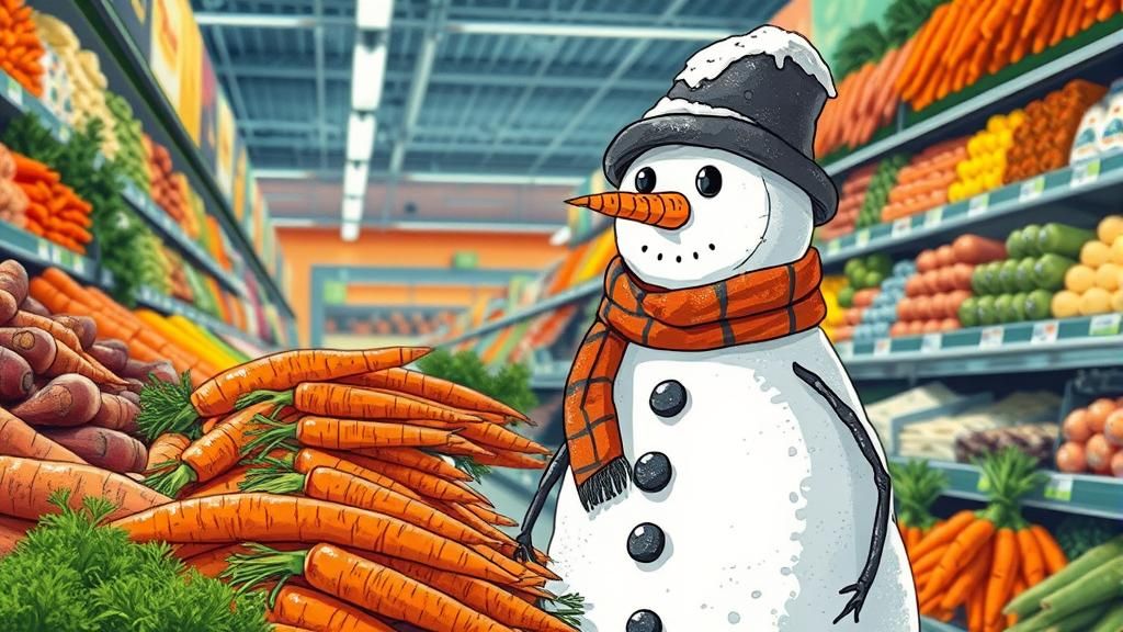 A snowman with no nose in the produce aisle of the supermark...