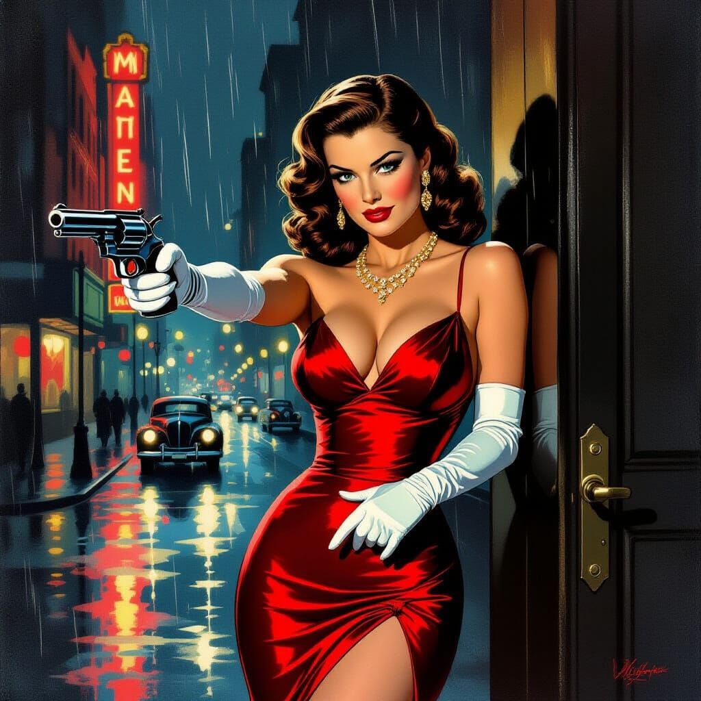 1940s Femme Fatale with Revolver on Rainy City Night