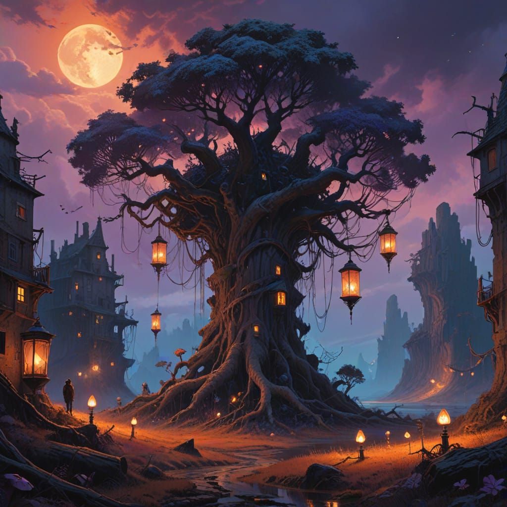 Surreal Landscape of Luminous Trees and Fiery Skies